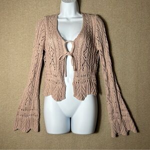 Venus Crochet Cardigan Womens Medium Taupe Open Knit Boho Bell Sleeves Tie Front